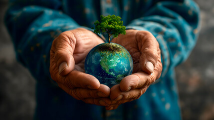 Manos de un anciano sosteniendo un pequeño planeta tierra del que nace un árbol como símbolo de la lucha contra el cambio climático  - obrazy, fototapety, plakaty