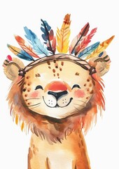 Fototapeta premium lion in Indian feather crown, isolated on white background
