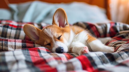 corgi puppy, sleep relaxed on checkered plaid , evening core, minimalistic light-filled room