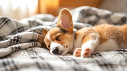 corgi puppy, sleep relaxed on checkered plaid , evening core, minimalistic light-filled room