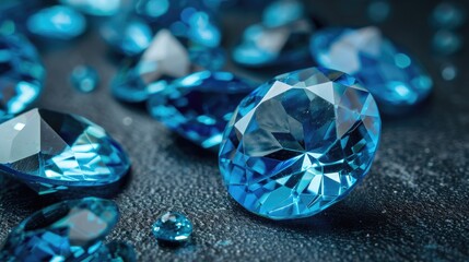 Fototapeta premium photo set of blue topaz, top view, shine brightly , dark background