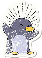 grunge sticker of tattoo style happy penguin
