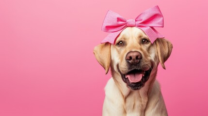 Obraz premium dog with pink bow on head, clean pink background