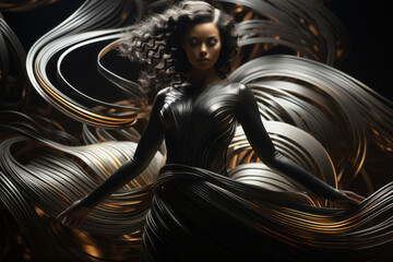 Spirals of light and shadow entwine to shape an abstract human form, illustrating the intricate dance between individuality and collective existence. Generative Ai.