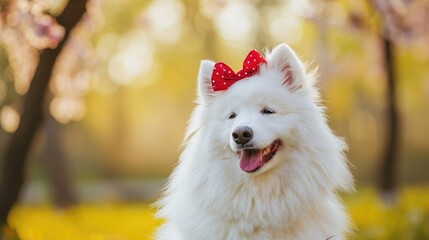 dog with red bow on head