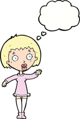 cartoon waving woman with thought bubble