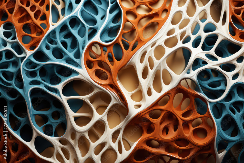 Poster organic patterns intertwine to create a network of abstract figures, symbolizing the intricate conne