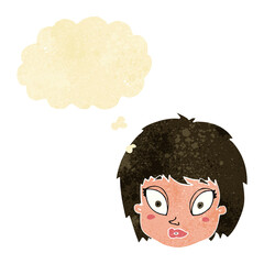 cartoon surprised female face with thought bubble