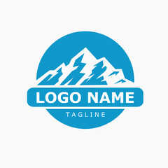 Mountain peak summit logo design. Outdoor hiking adventure wilderness travel symbol. Vector illustration.