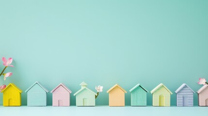 Sales banner with spring little wooden houses, free copy space