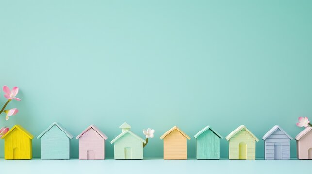 Sales banner with spring little wooden houses, free copy space