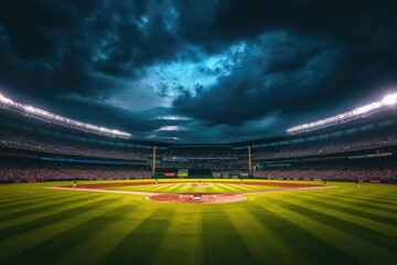 A wide angle of a outdoor baseball stadium full of spectators under a stormy night sky. 