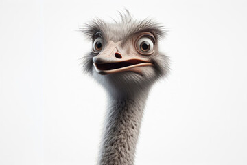 an ostrich with a surprised look on its face isolated on solid white background. ai generative