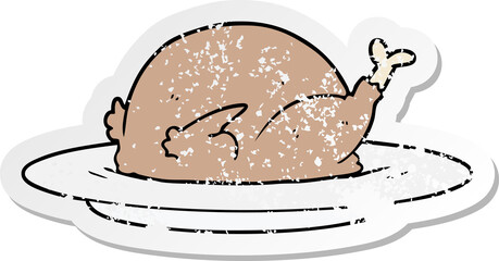 distressed sticker of a cartoon cooked turkey