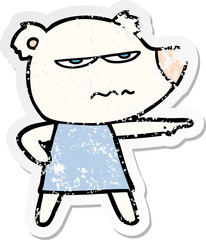distressed sticker of a cartoon angry bear polar girl pointing