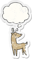cartoon deer and thought bubble as a distressed worn sticker