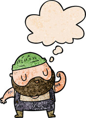 cartoon dock worker and thought bubble in grunge texture pattern style