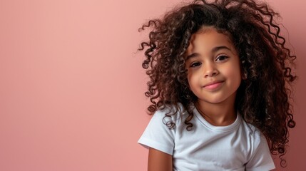little brazilian girl in white t shirt, isolated on pastel background