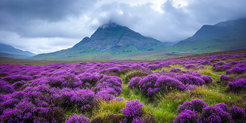 Purple Scottish heather flowers, wide banner, Scotland landscape