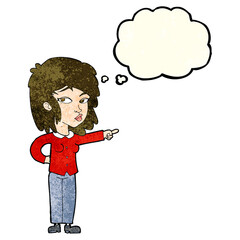 cartoon woman pointing with thought bubble