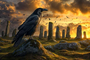 Tuinposter Crow perched at sunset near circle of ancient menhir standing stones, Ireland, Celtic, the Morrigan myth legend © Sunshower Shots