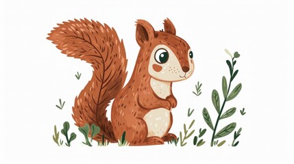 little squirrel naive kids style, isolated on clean white background