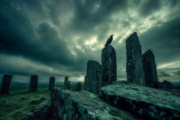 Crow perched atop ancient menhir standing stone, Ireland, dark overcast spooky sky, Celtic, the Morrigan myth legend - 725890367