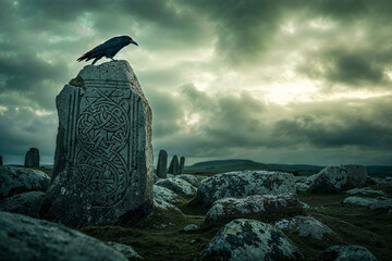 Crow perched atop carved ancient menhir standing stone, Ireland, Celtic, copyspace, the Morrigan myth legend