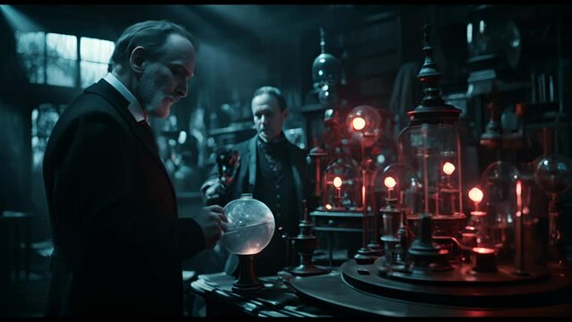 Professor and his assistant make scientific experiments in a vintage laboratory. Victorian style. Research, discovery and invention concept.