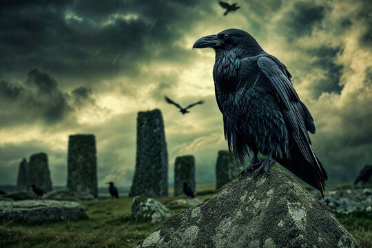 Crow perched atop ancient menhir standing stone in the rain, dark overcast sky, Ireland, Celtic, the Morrigan myth legend