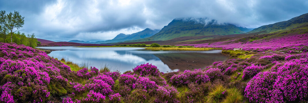 Pristine lake with mountains and purple Scottish heather flowers, Scotland landscape
