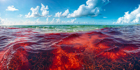 Red tide algal bloom in the ocean, artist's impression, wide banner background - obrazy, fototapety, plakaty