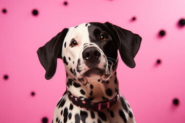 Dalmatian dog standing in front of pink polka-dotted background.