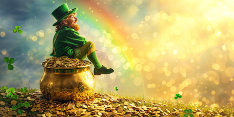 Leprechaun sitting on a pot of gold, Ireland, St. Patrick's Day, lucky, green and gold, wide banner, copyspace