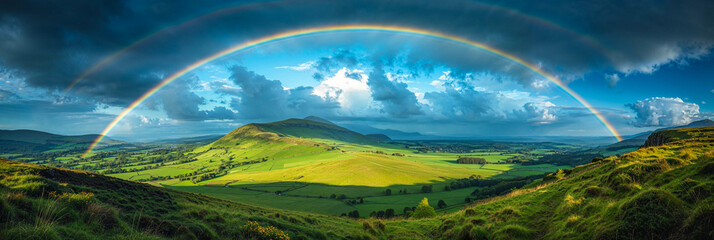 Rainbow over Ireland countryside landscape, wide banner, St. Patrick's Day, beautiful, travel, visit