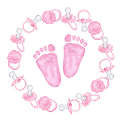 Pink pacifier round frame, dummy for newborn, girl footprints. Baby shower, gender reveal party. Hand drawn watercolor illustration isolated on white background. For family surprise party feast