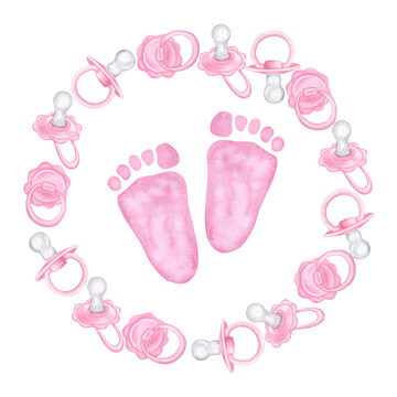 Pink pacifier round frame, dummy for newborn, girl footprints. Baby shower, gender reveal party. Hand drawn watercolor illustration isolated on white background. For family surprise party feast
