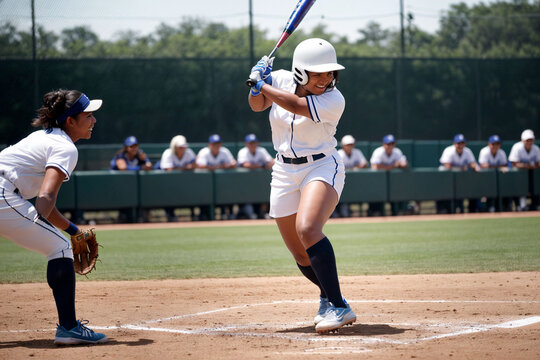 A woman playing softball with a bat, showcasing athleticism and skill in a dynamic outdoor sports setting, with no identifiable team logo