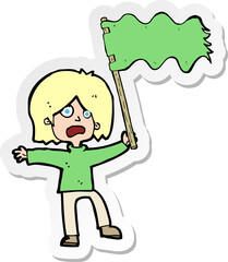 sticker of a cartoon woman waving green flag