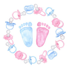 Pink blue pacifier round frame, newborn girl boy twins footprints. Baby shower, gender reveal...