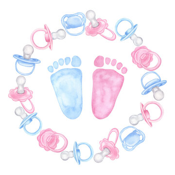 Pink blue pacifier round frame, newborn girl boy twins footprints. Baby shower, gender reveal party. Hand drawn watercolor illustration isolated on white background. For family surprise party feast.