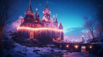 Fototapeta na wymiar fairy castle in the night in an fantasy landscape generative ai