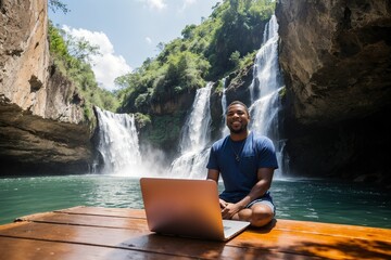 Fototapeta premium A remote employee works on a laptop surrounded by the vast beauty of nature