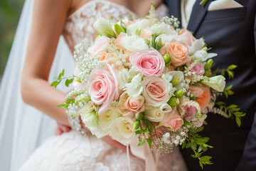 Bride and groom wedding couple with a bouquet of light rose and white color flowers