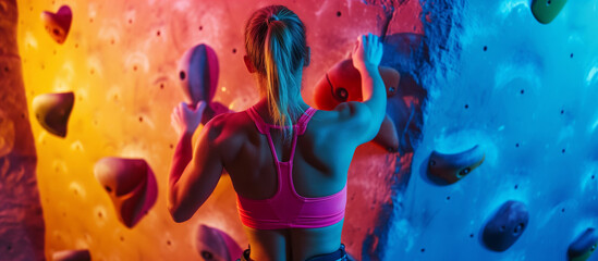 Woman climbing on the wall, view from the back