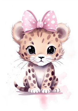 Simple style cute cartoon baby girl leopard, bow on head