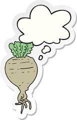 cartoon root vegetable and thought bubble as a printed sticker