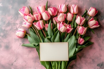 Pink Tulip Bouquet with Space for Text on Pink Surface