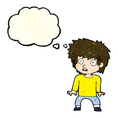 cartoon frightened boy with thought bubble