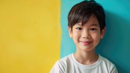 asian smiling boy stay in white t shirt on yellow and blue background